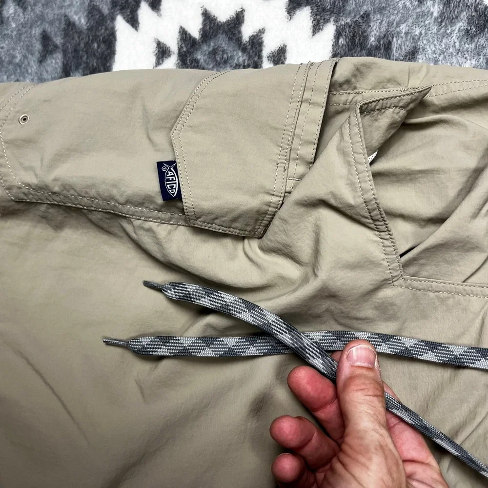 AFTCO Mens Fishing Pants Khaki Nylon Cargo Utility Drawstring Tan Size 36